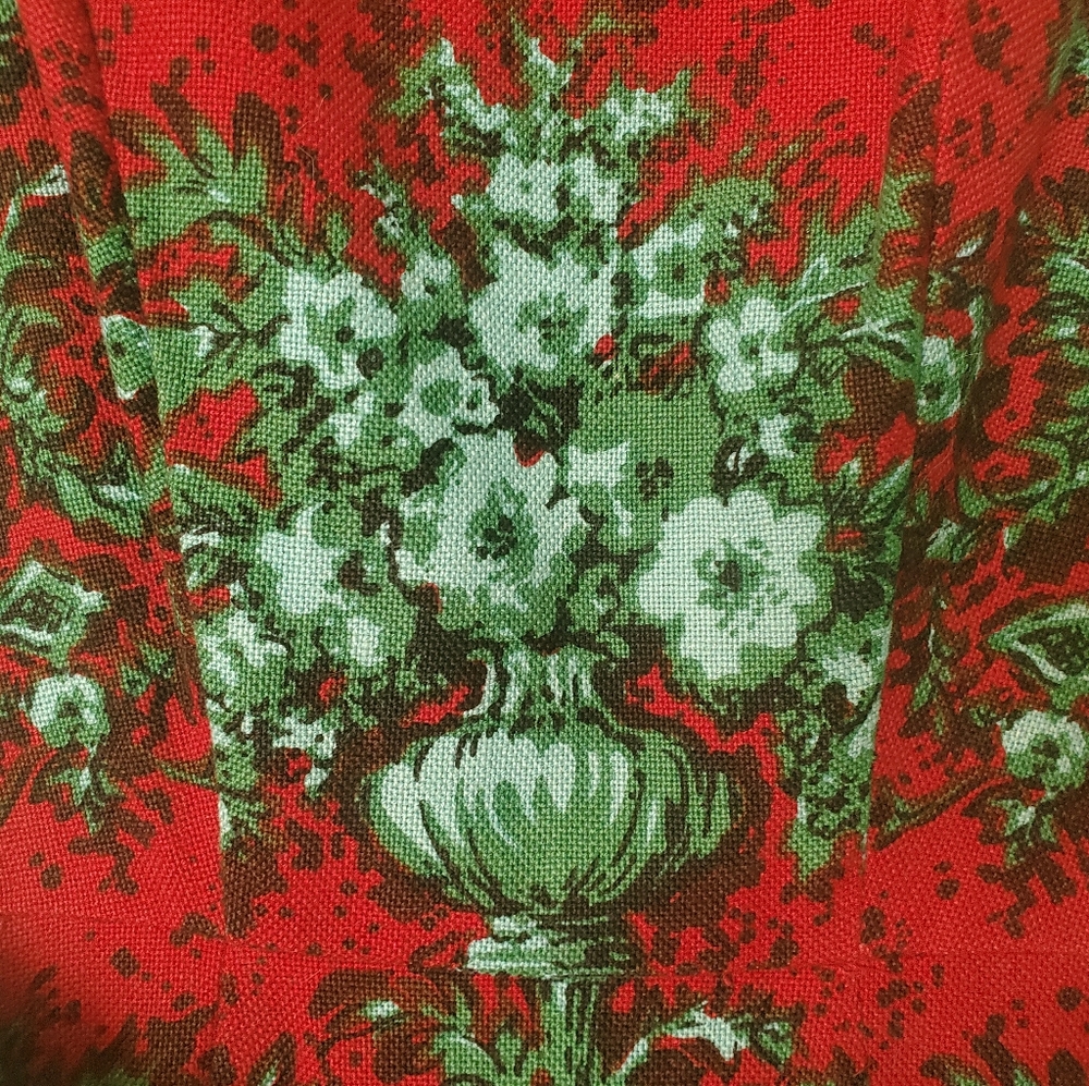 Vintage 60s Floral Toile Urn Garden Tapestry Linen Dress in Red & Green Sheath S - Picture 4 of 14